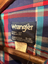 Load image into Gallery viewer, Vintage Wrangler Blue Red and White Pearl Snap Shirt (L)