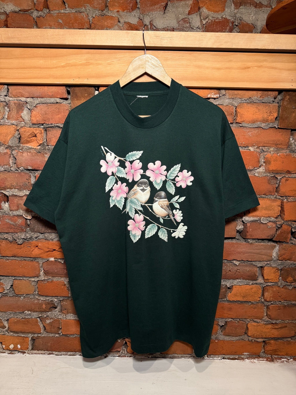Vintage Floral Bird Puffy Print T-Shirt (XL)