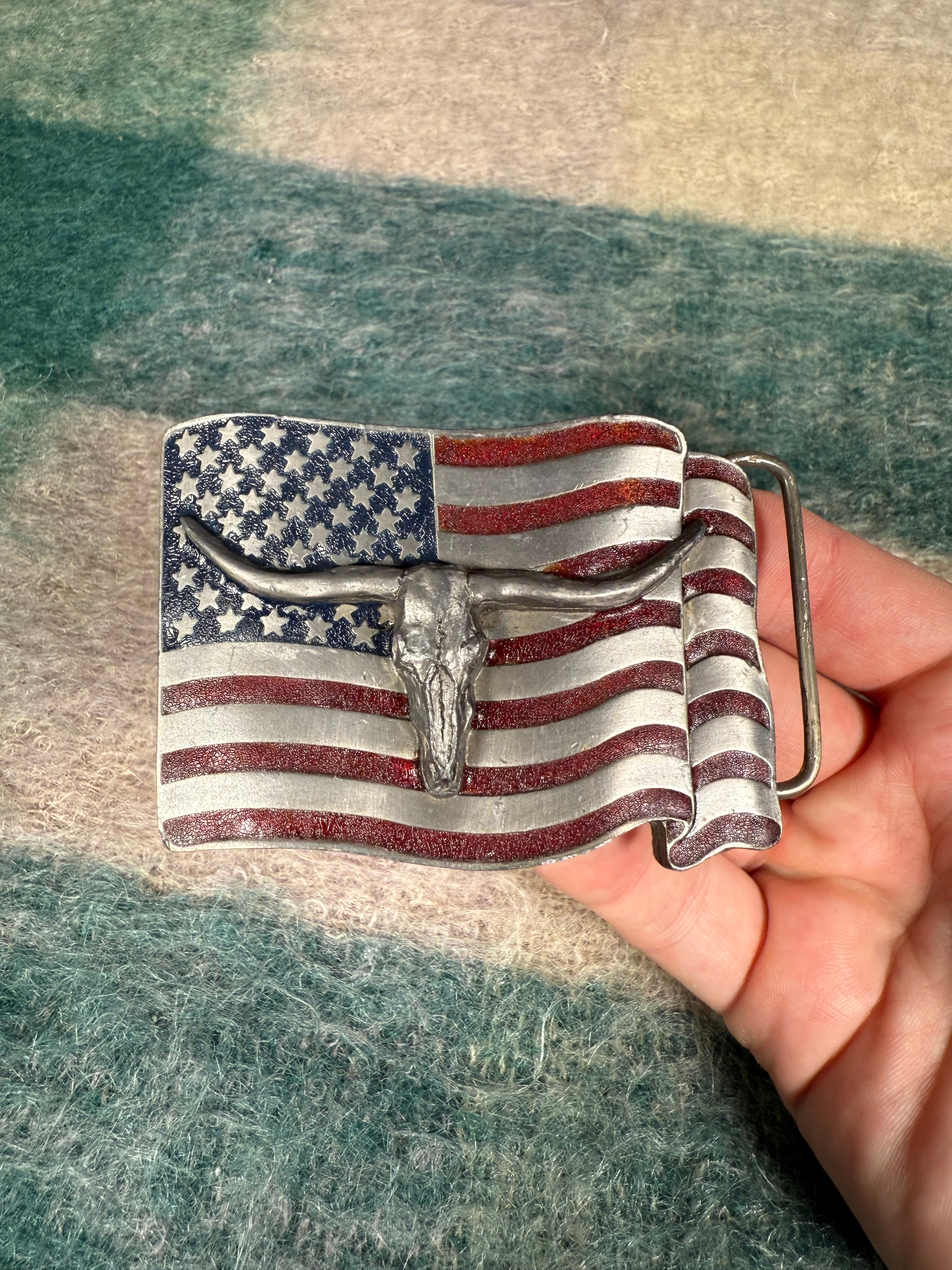 Vintage Longhorn Skull American Flag Belt Buckle