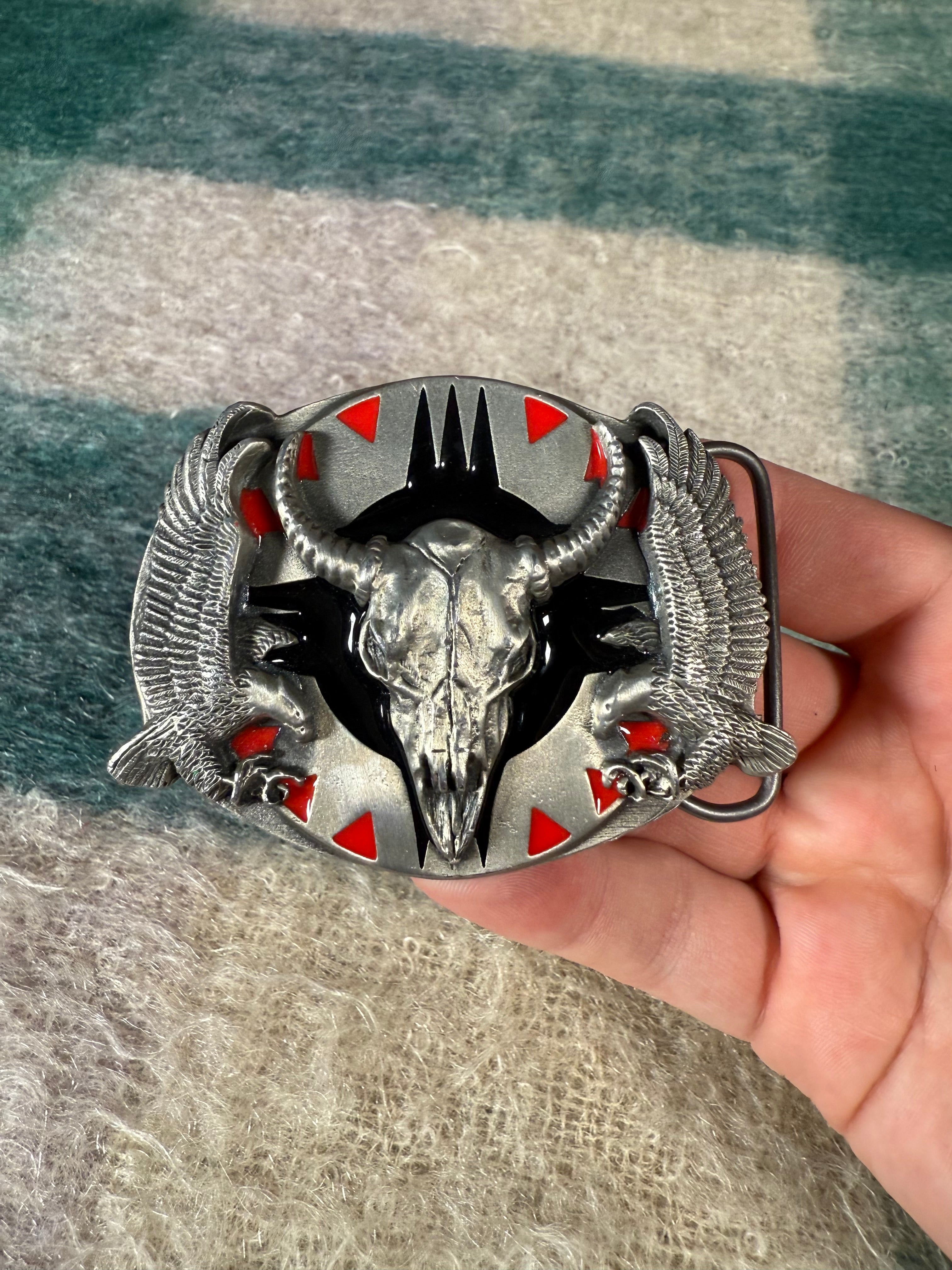 Vintage 1994 Cow Skull and Eagles Belt Buckle