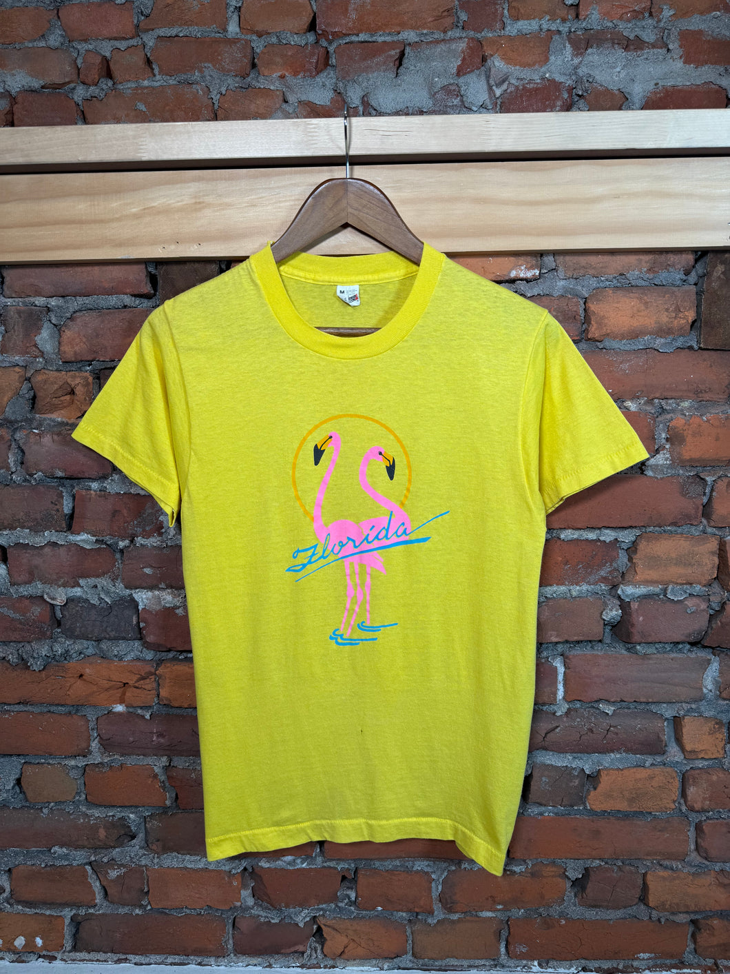 Vintage 80s Florida Flamingo Yellow Shirt (S)