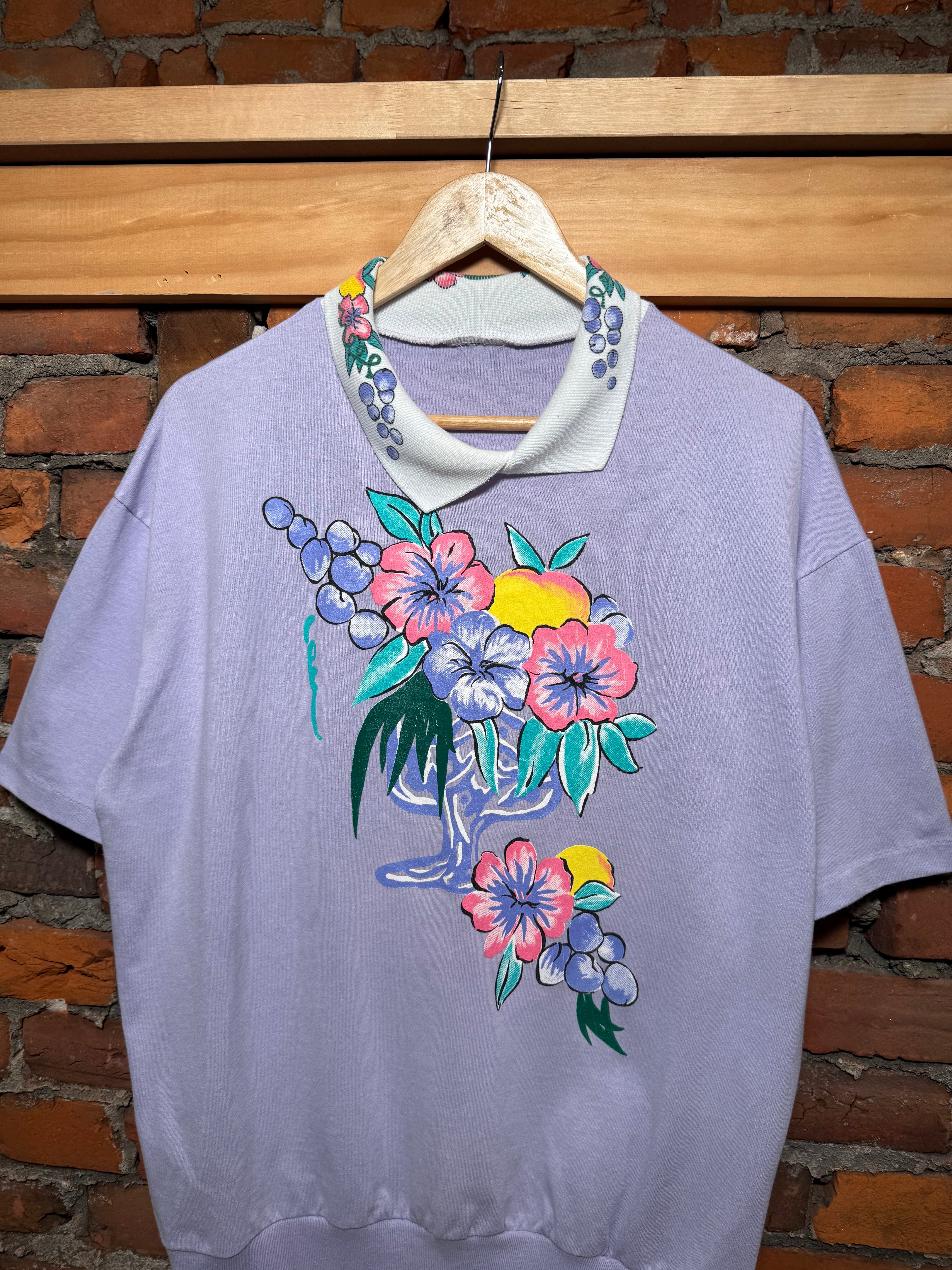 Vintage Purple Floral Short Sleeve Sweatshirt (XL)