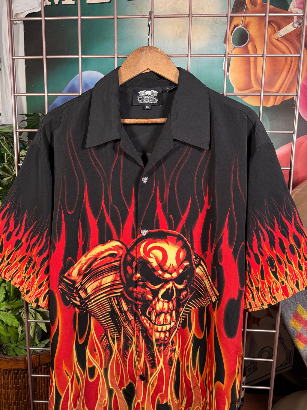 Vintage Dragonfly Clothing Co Flaming Skull Motorcycle Shirt (XL)