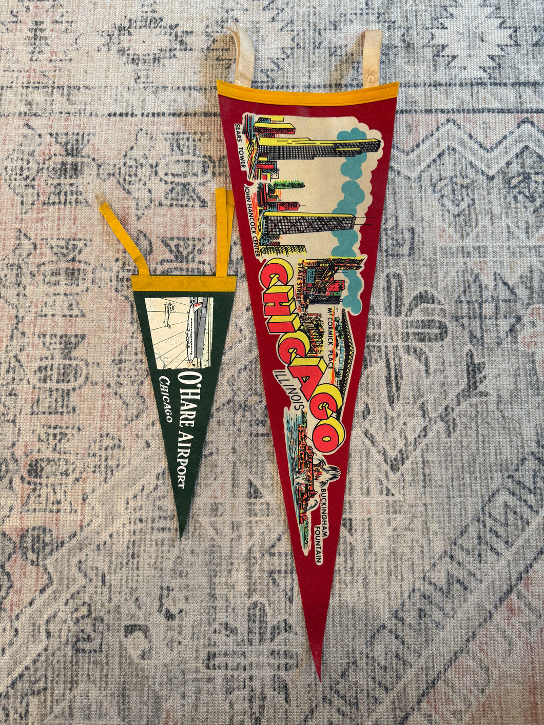 Lot of 2 Vintage Pennants - Chicago and O’Hare Airport