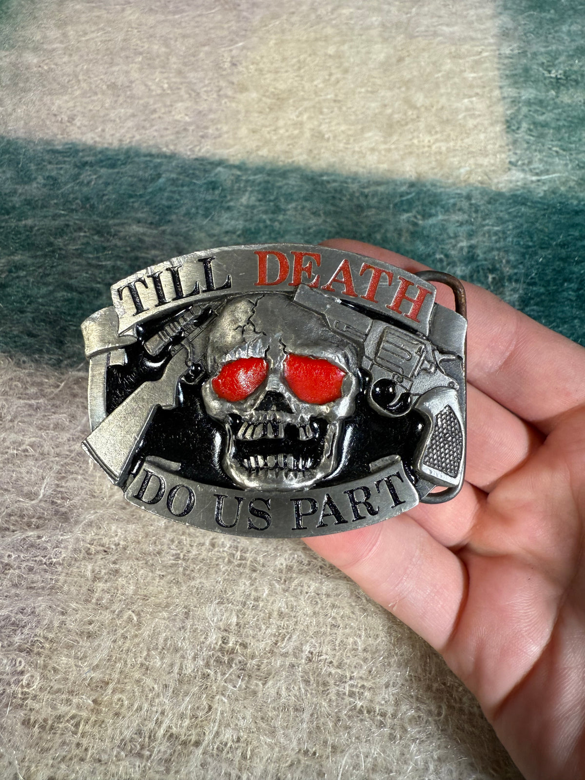 Vintage Till Death Do Us Part Skull and Guns Belt Buckle