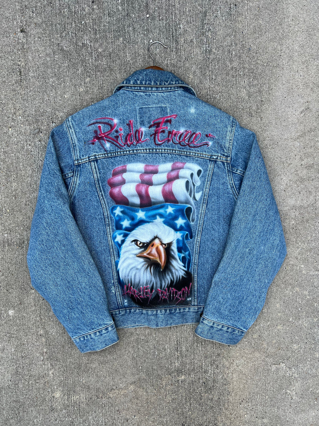Vintage Ride Free Harley Davidson Airbrushed Jean Jacket (XS)