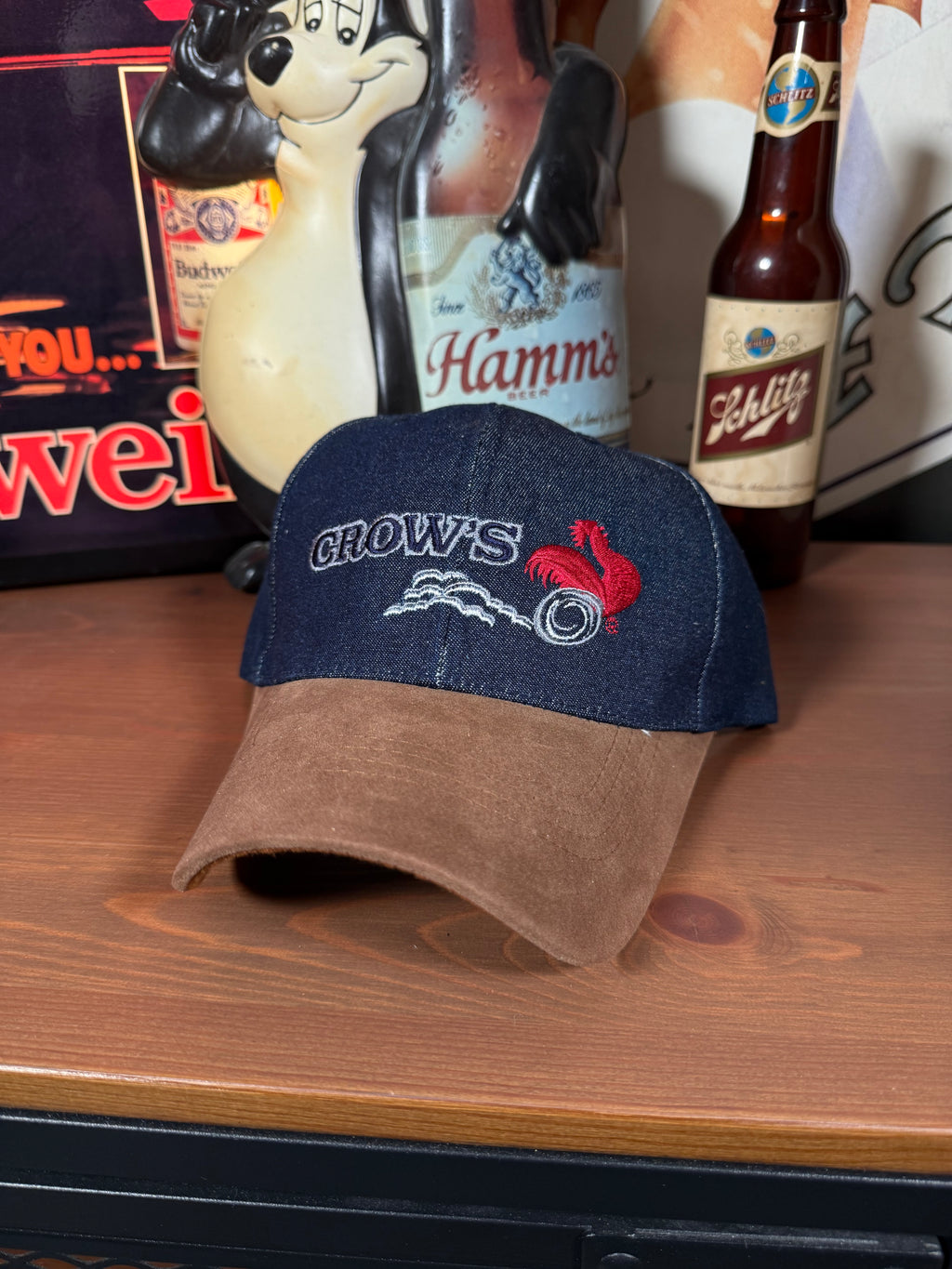 2000s Crows Seed Denim and Suede Hat