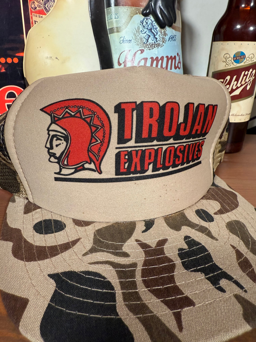 Vintage Trojan Explosives Camo Trucker Hat