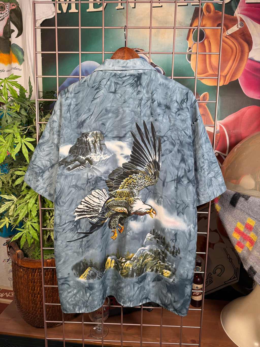 Y2K All Over Print Eagle Button Up Shirt (L)