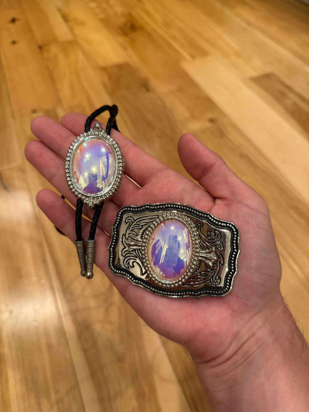 Vintage Iridescent Crystal Belt Buckle + Bolo Tie Combo