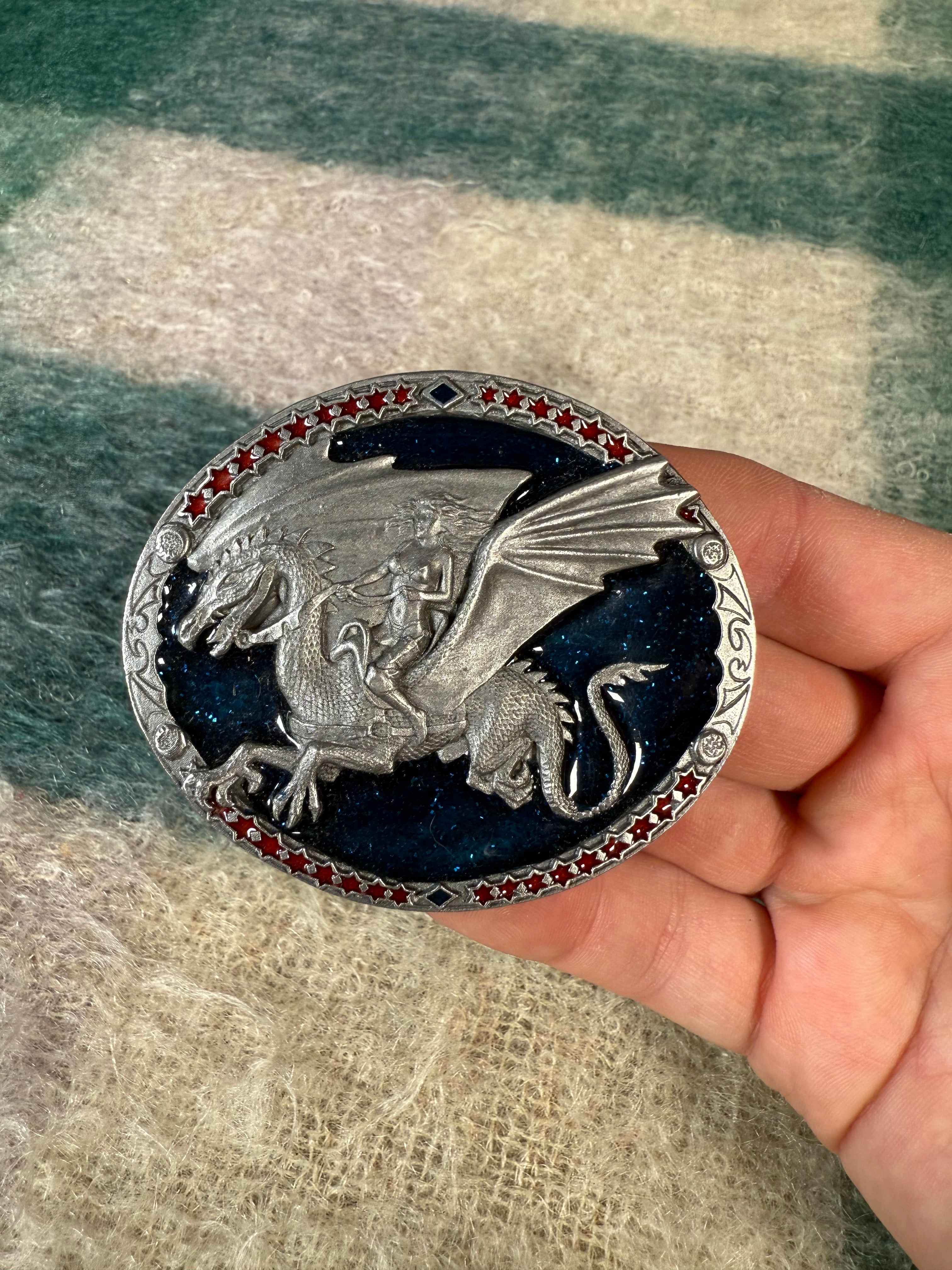 Vintage Girl Riding Dragon Belt Buckle
