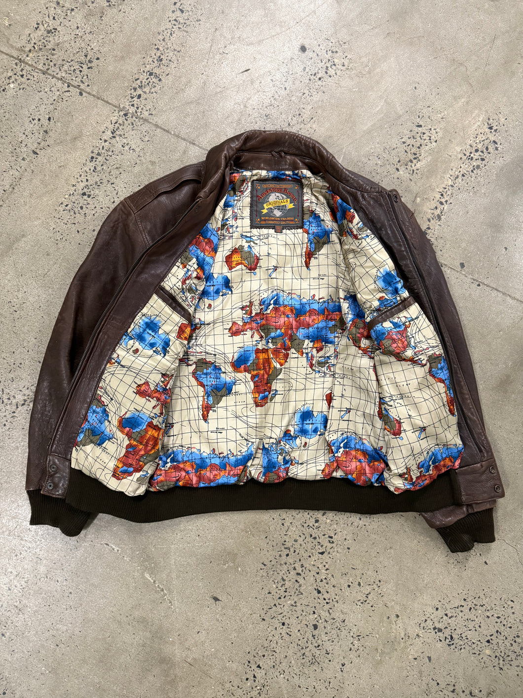 Vintage Map Lined Leather Jacket (3XL)