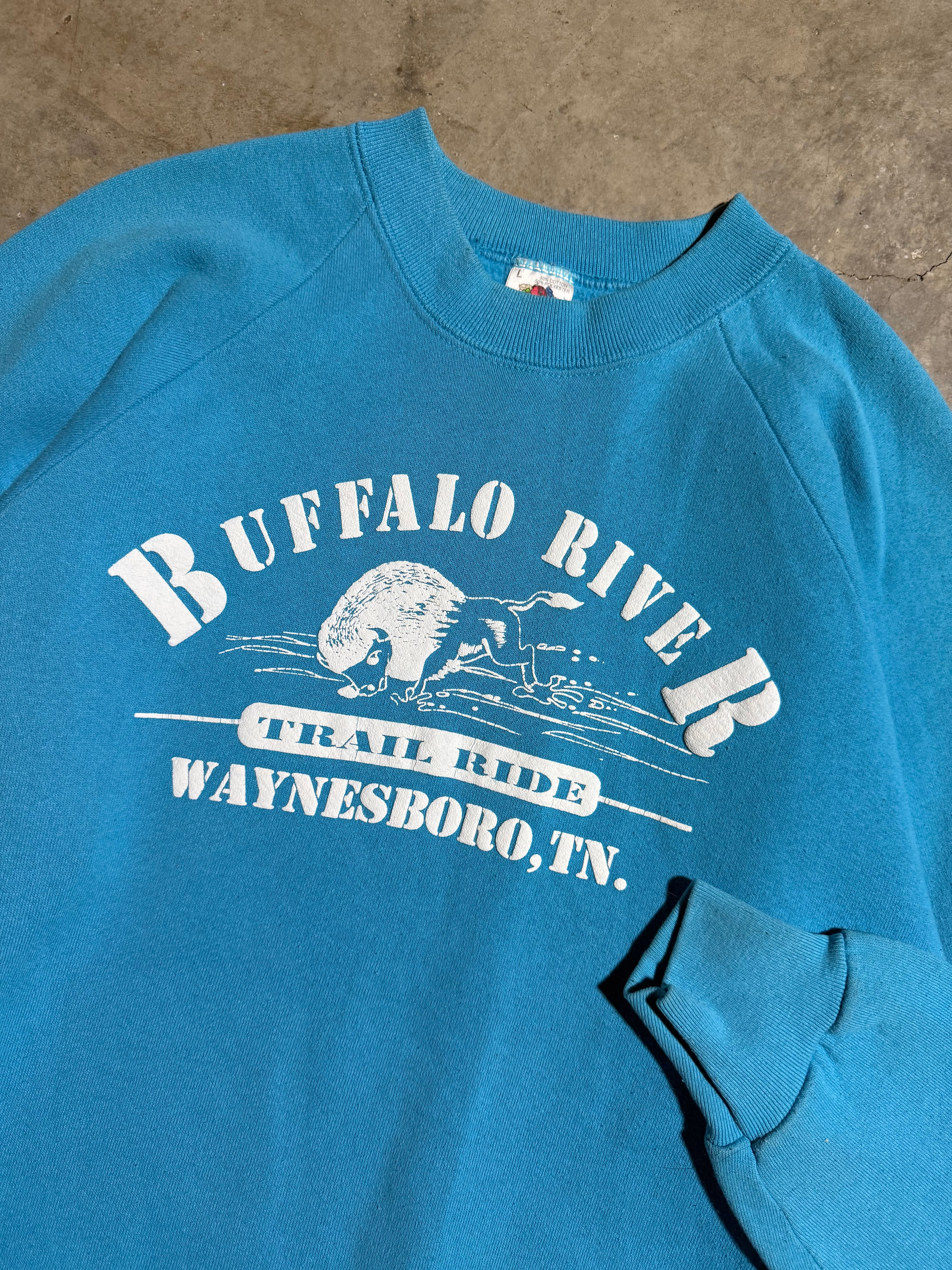 Vintage Early 90s Buffalo River Trail Ride Puffy Print Crewneck (M)