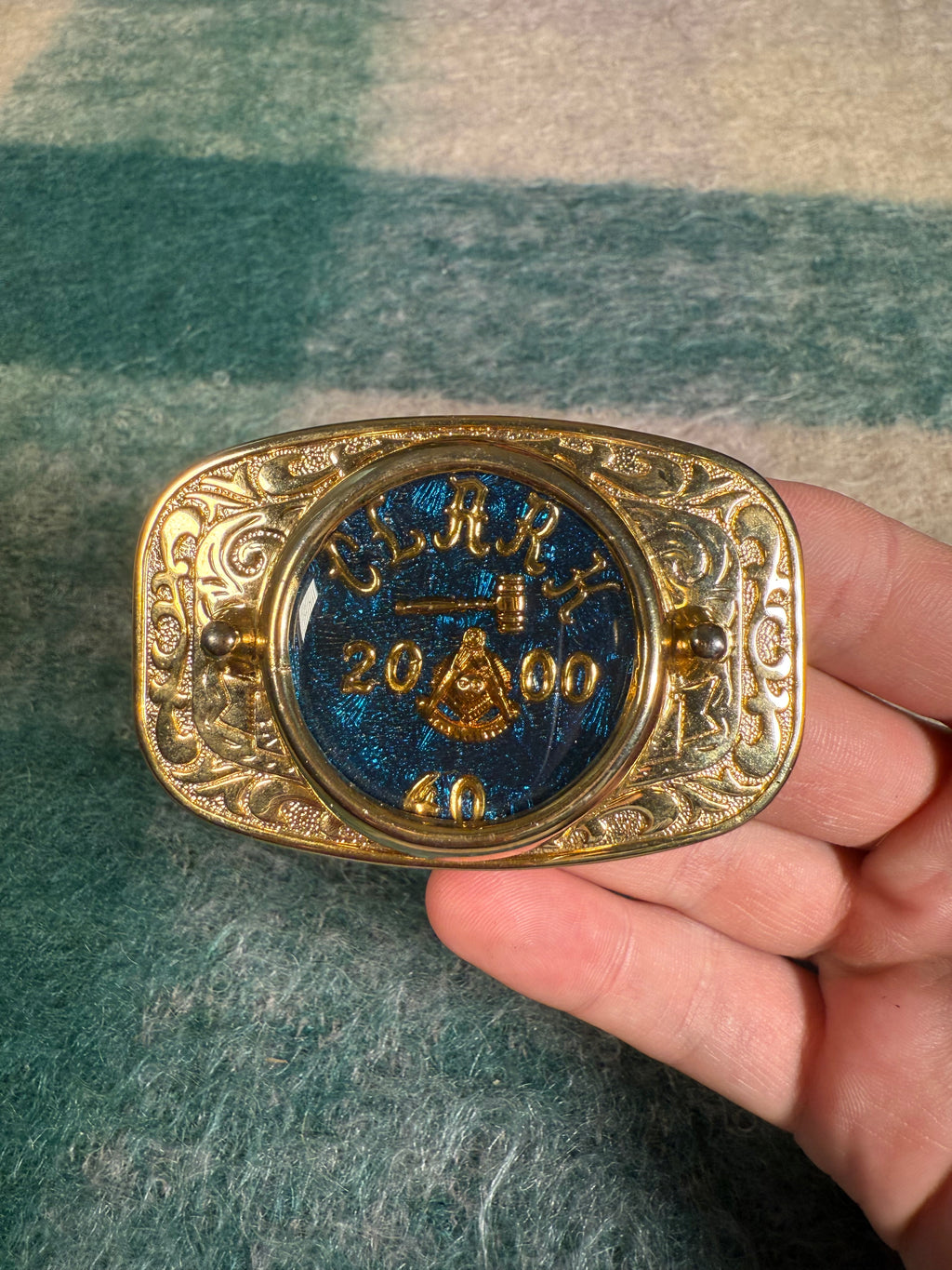 Vintage 2000 Gold and Blue Belt Buckle