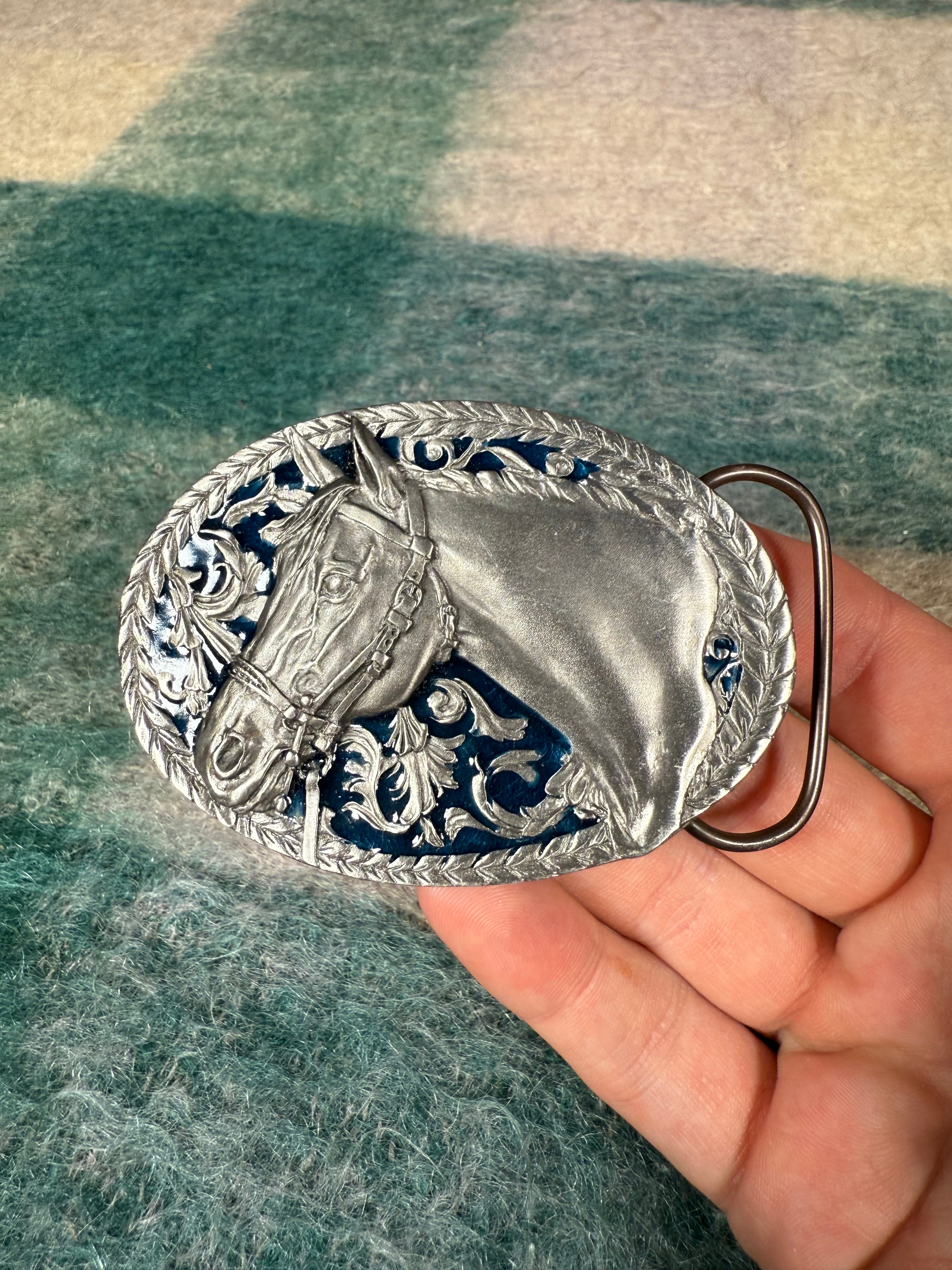 Vintage Horse Blue Belt Buckle