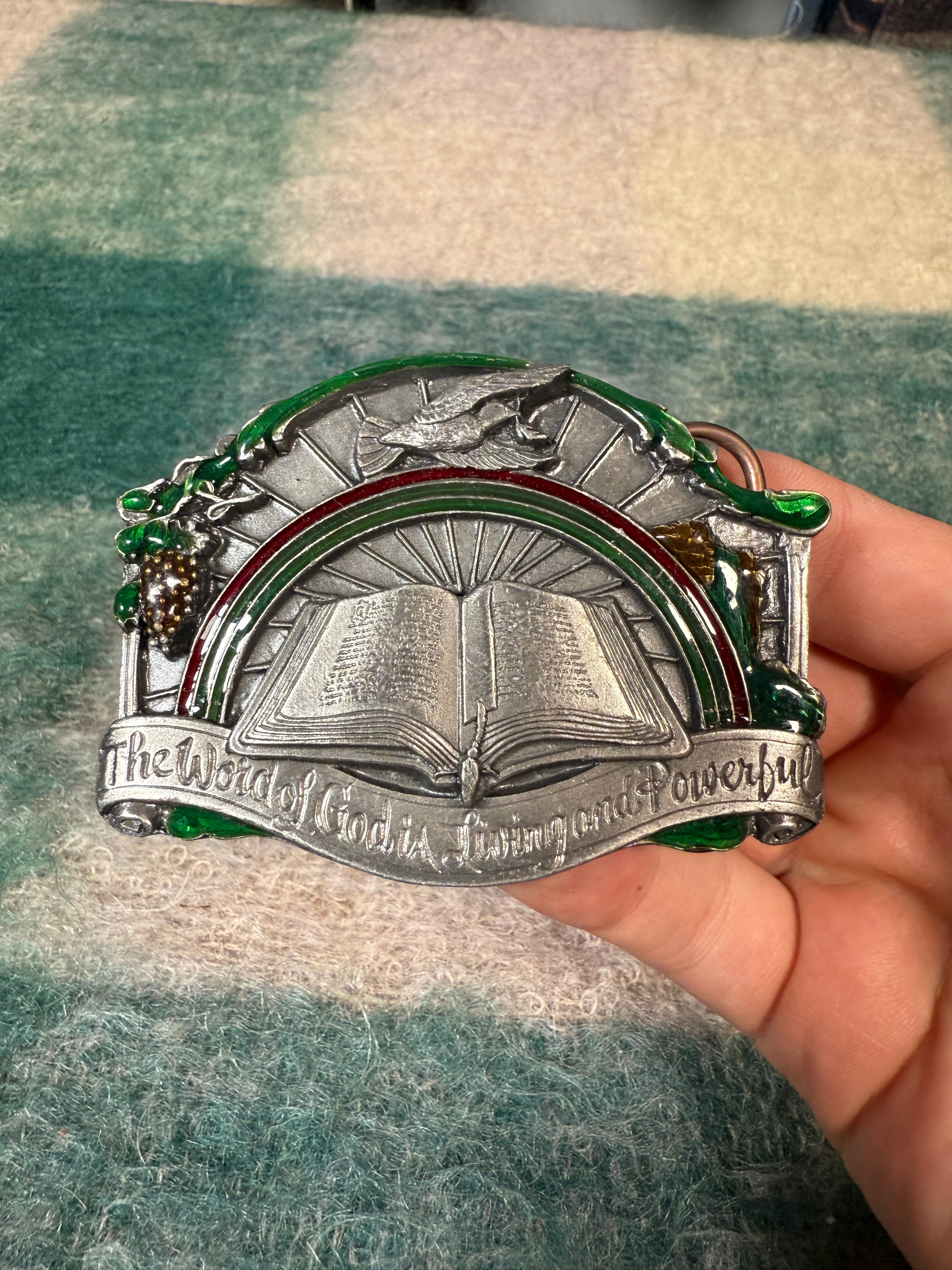 Vintage 80s The Word Of God Is Living and Powerful Belt Buckle