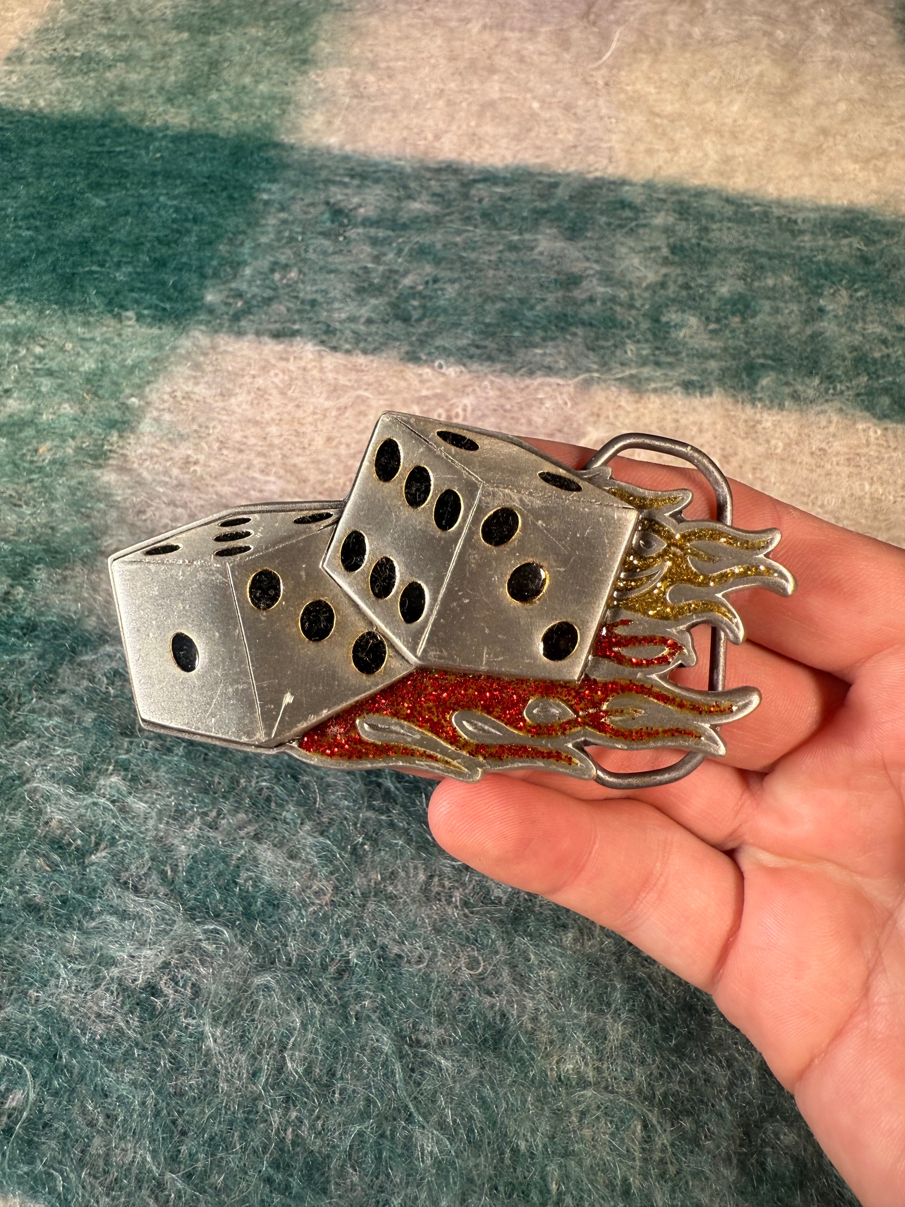 Vintage 2000 Sparkly Flame Dice Belt Buckle