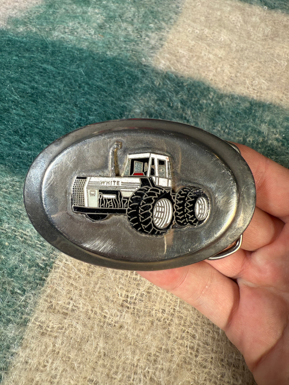 Vintage White Tractor Belt Buckle