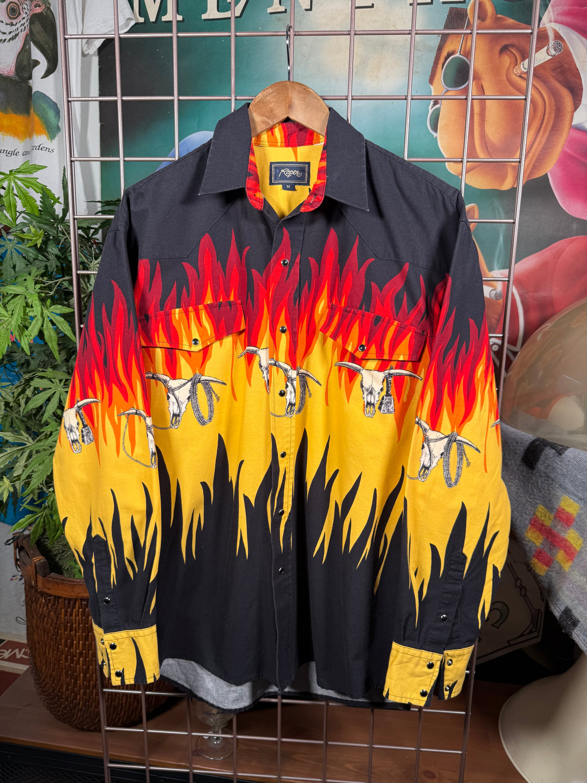 Vintage Roper Flaming Longhorn Skull Western Shirt (L)