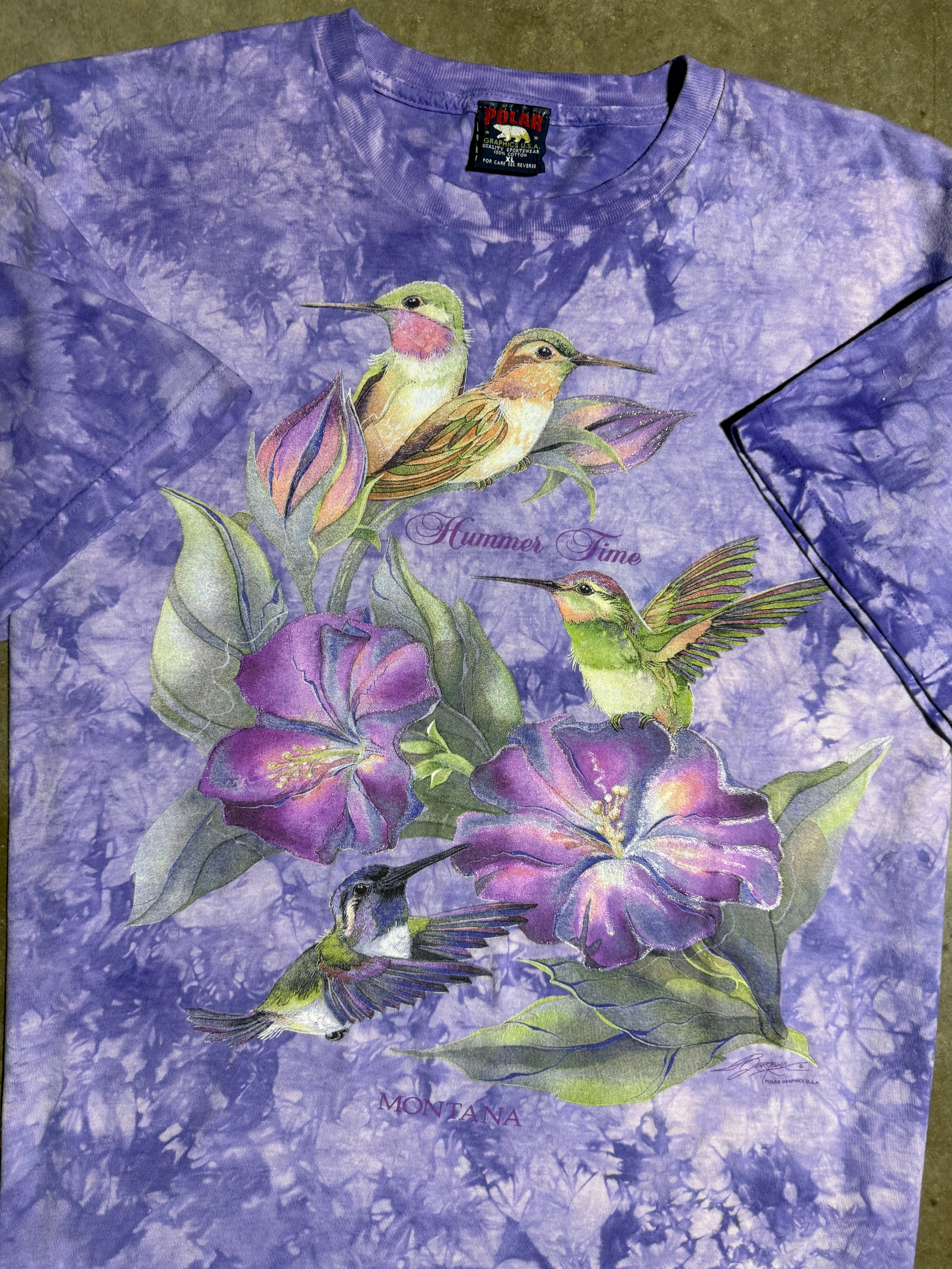 Vintage Tie Dye Hummingbird Purple T-Shirt (XL)