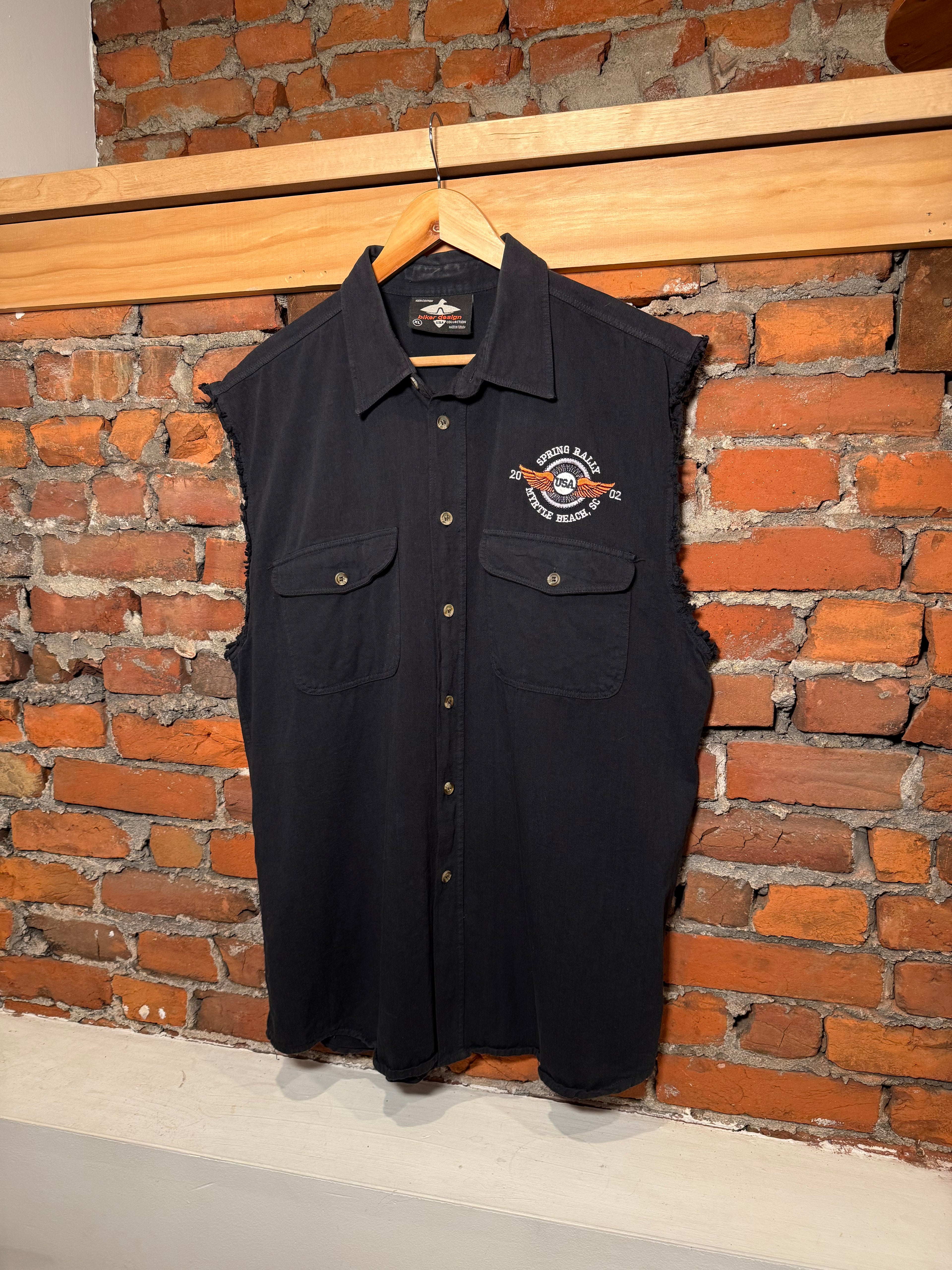 Vintage 2002 Spring Biker Rally Myrtle Beach Cutoff Button Down Shirt (XL)