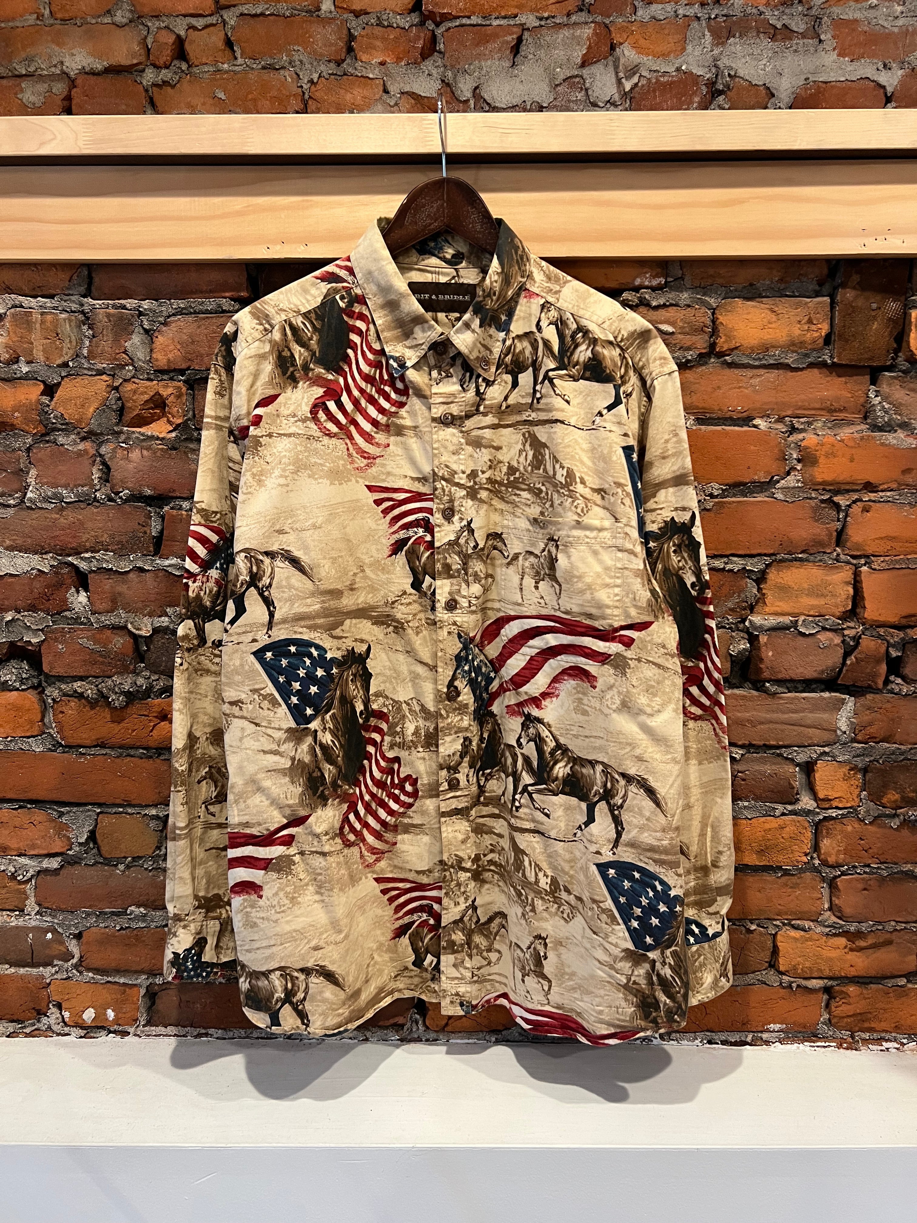 Vintage American Flag Horses Western Shirt (L)