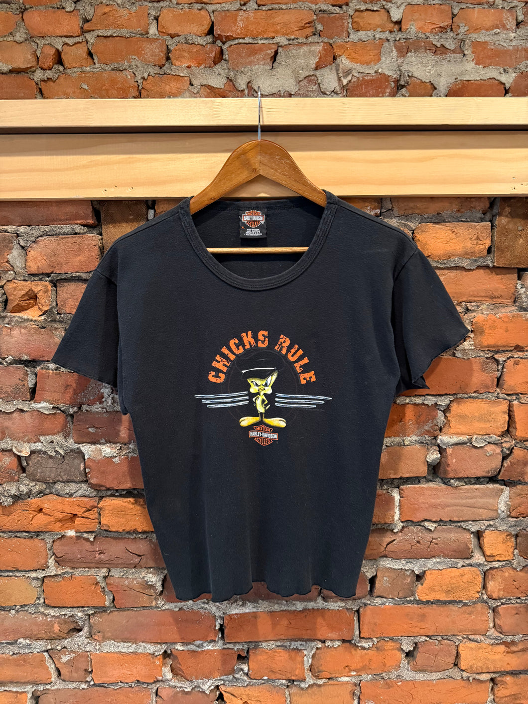 Early 2000s Chicks Rules Tweety Bird Harley Cropped Shirt (WXL)