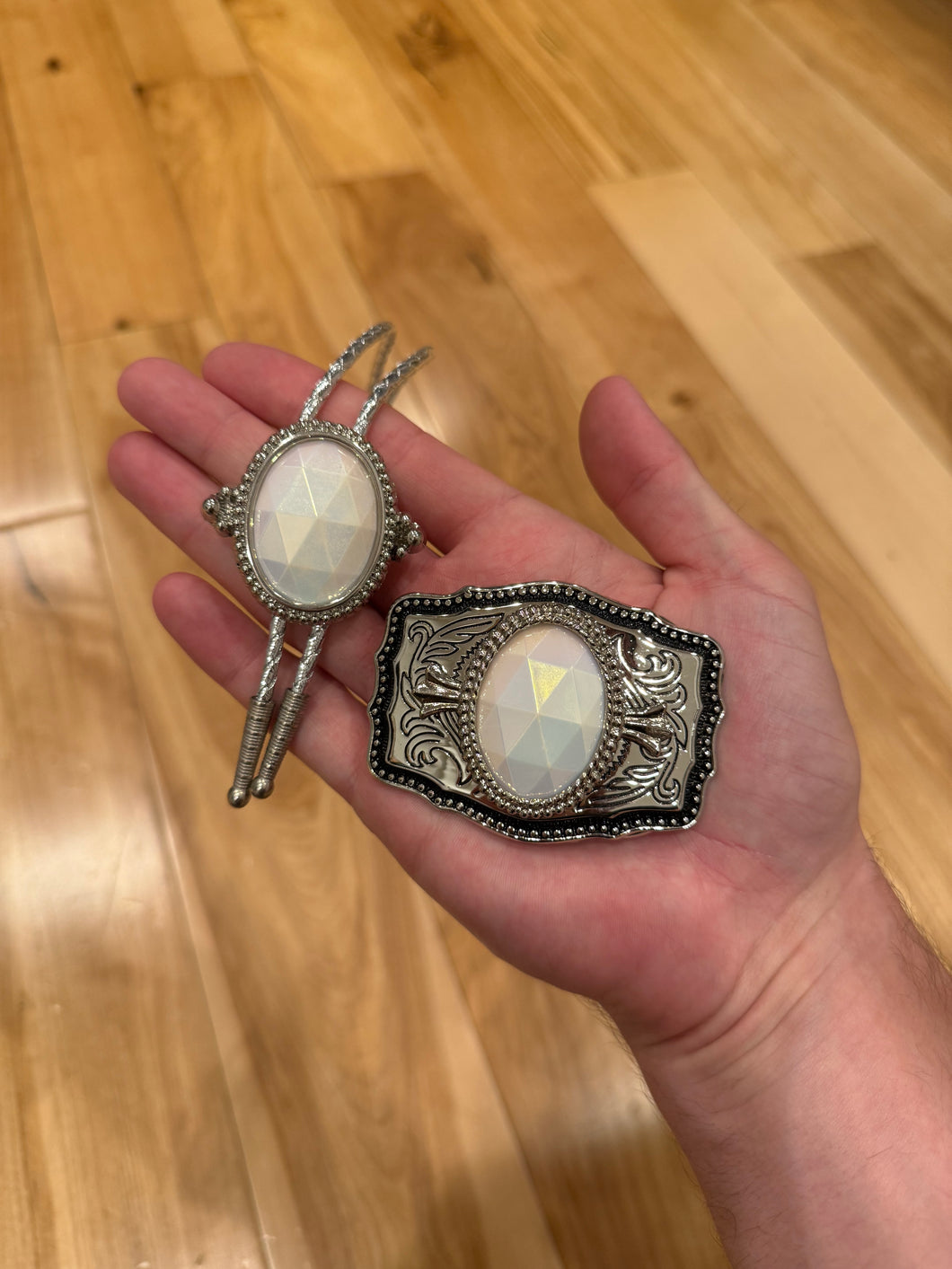 Vintage White Crystal Belt Buckle + Bolo Tie Combo