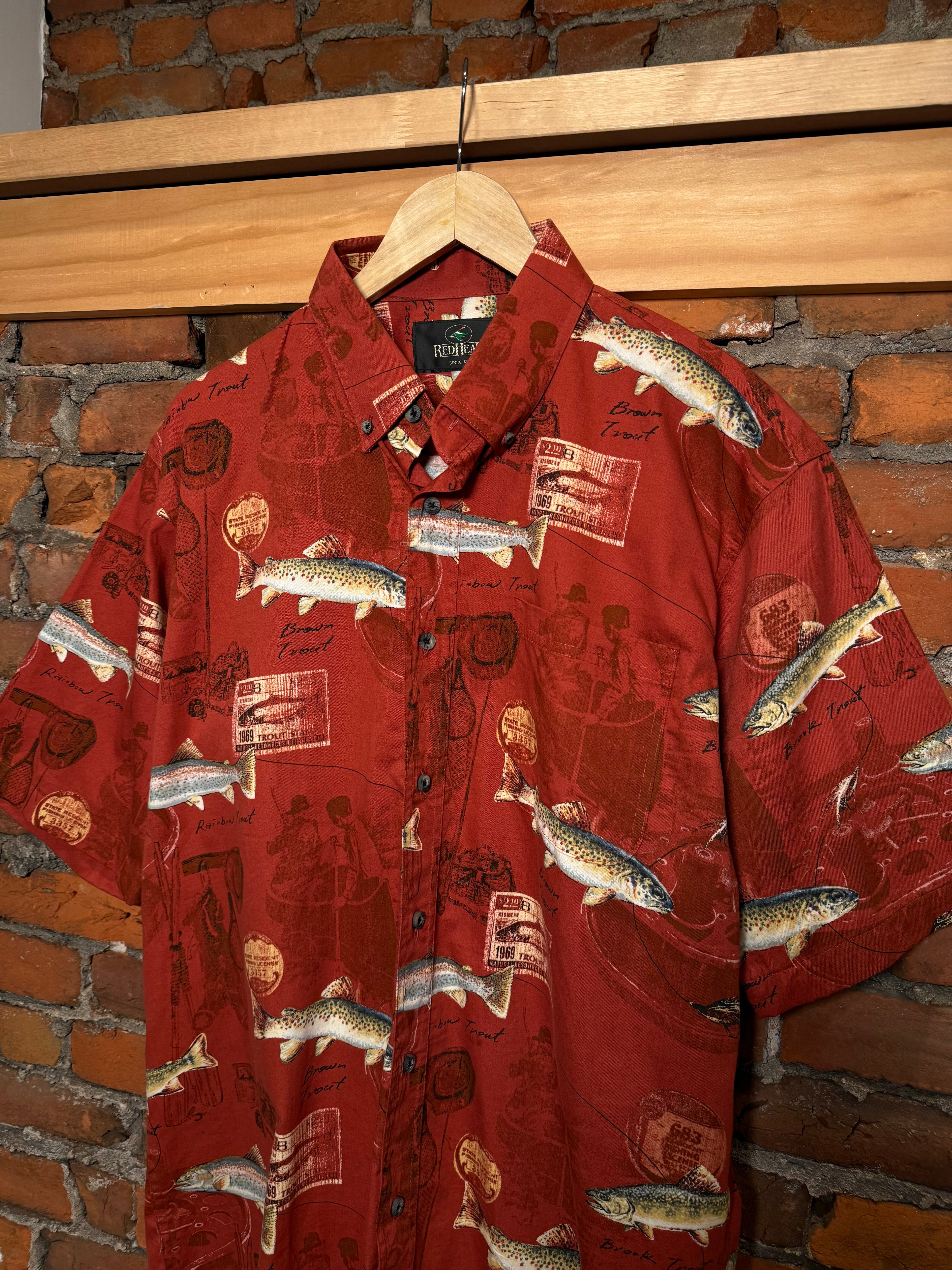 Red Head All Over Fish Button Down Shirt (L)