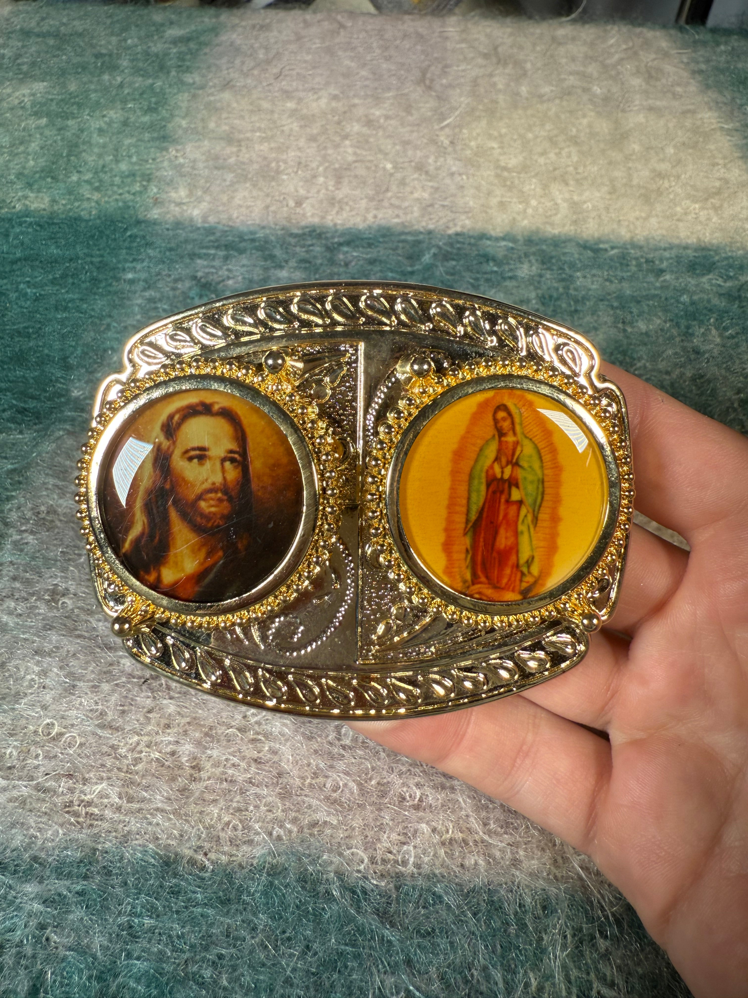 Vintage Jesus and Virgin Mary Photo Belt Buckle