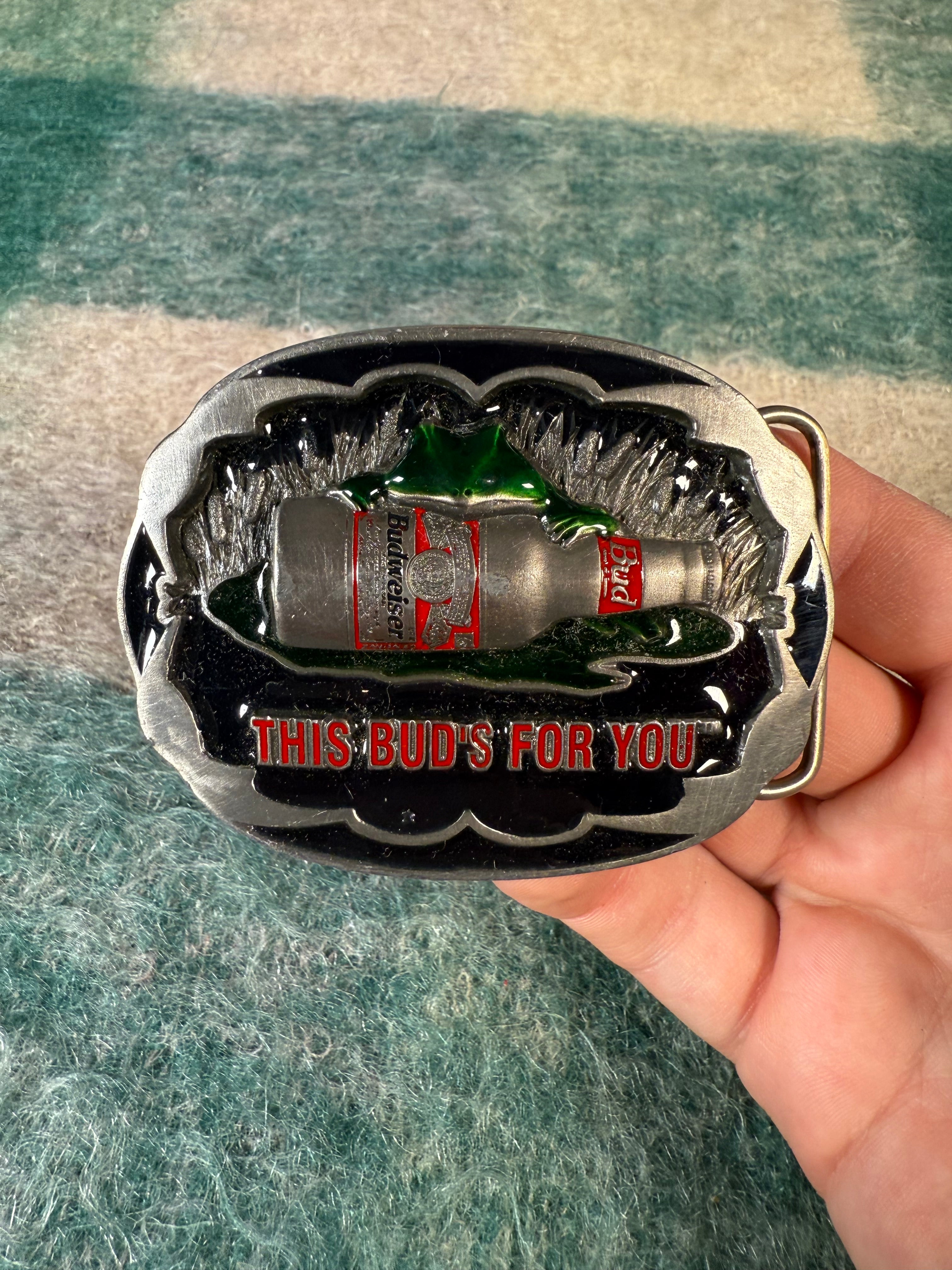 Vintage Budweiser Frog “This Buds For You” Belt Buckle