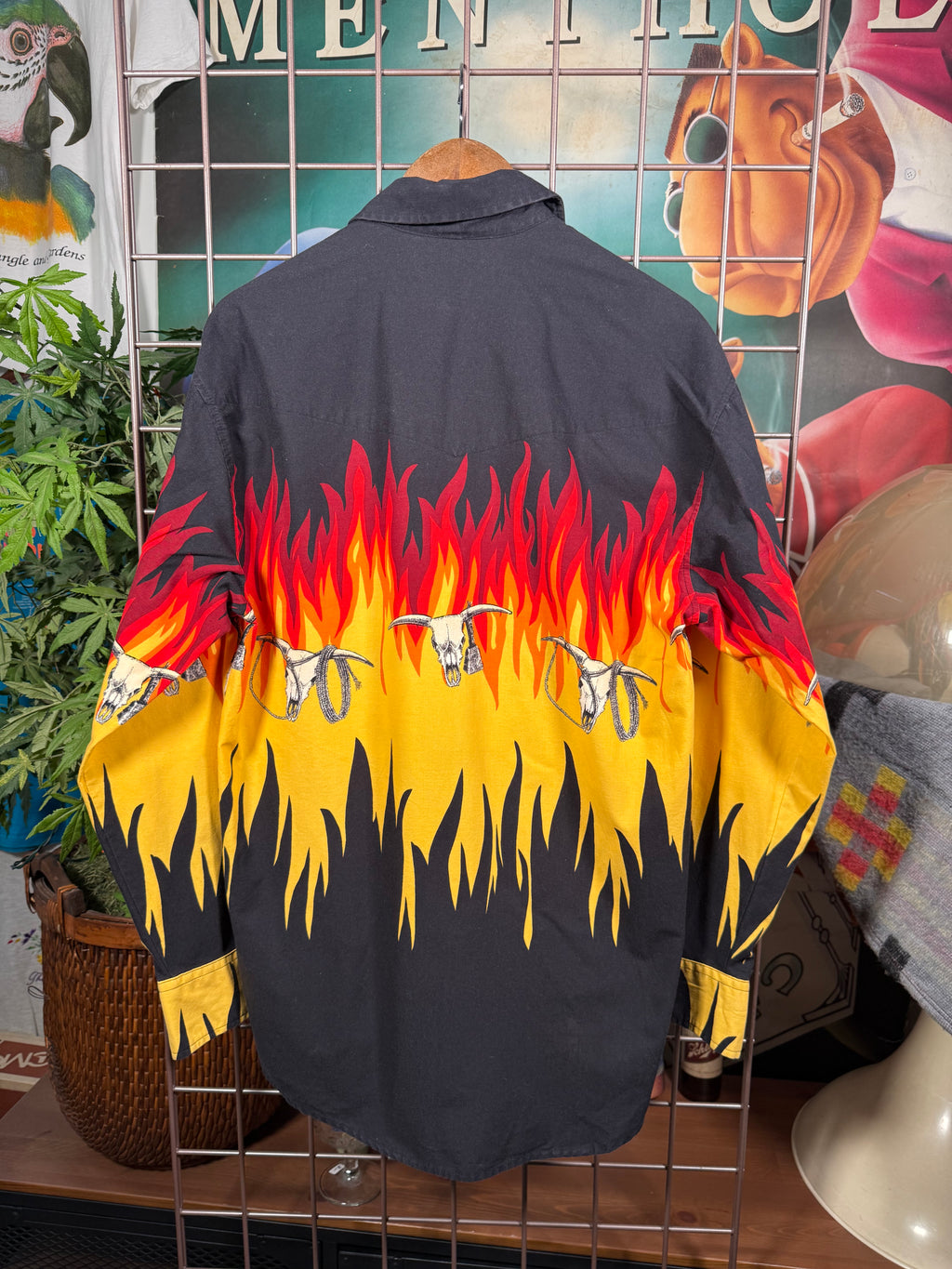 Vintage Roper Flaming Longhorn Skull Western Shirt (L)