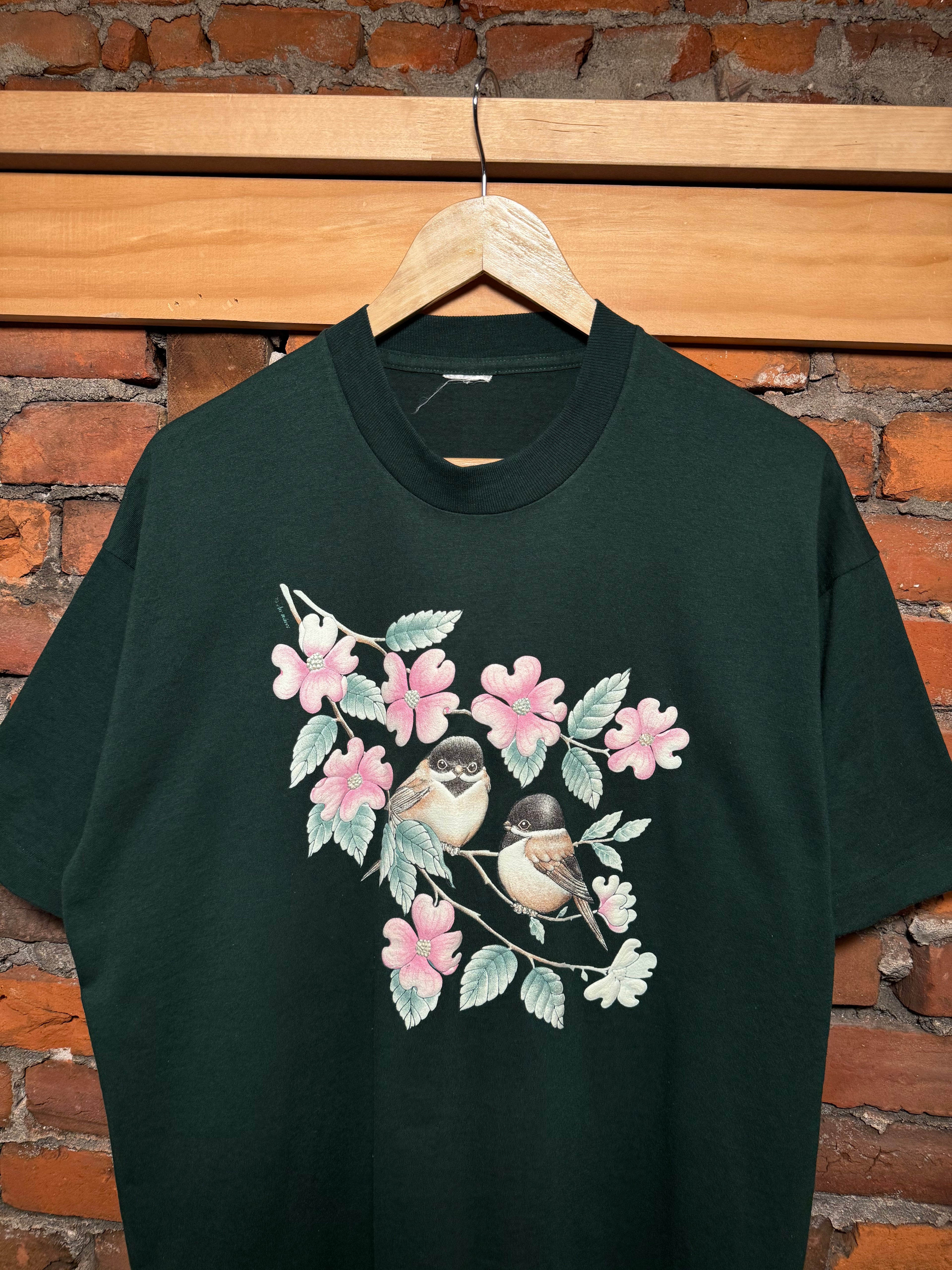 Vintage Floral Bird Puffy Print T-Shirt (XL)