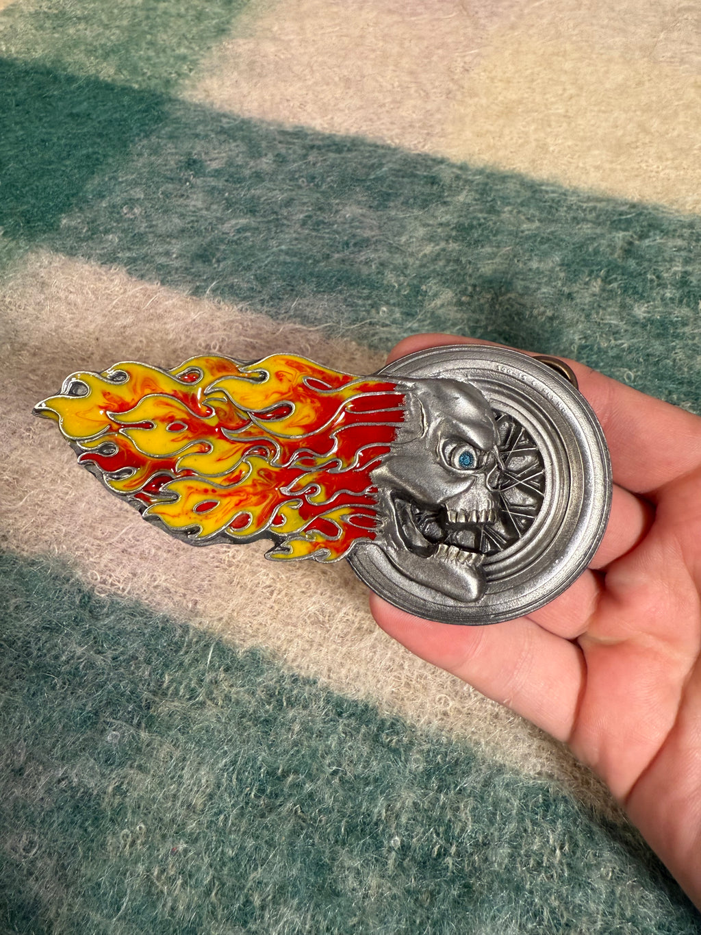 Vintage Flaming Skull Motorcycle Wheel Belt Buckle