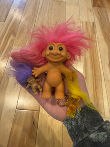 Lot of 3 Vintage Trolls - 1 Keychain and 2 Dolls