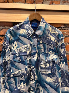 Vintage All Over Print Blue Cowboy Western Shirt (XL)