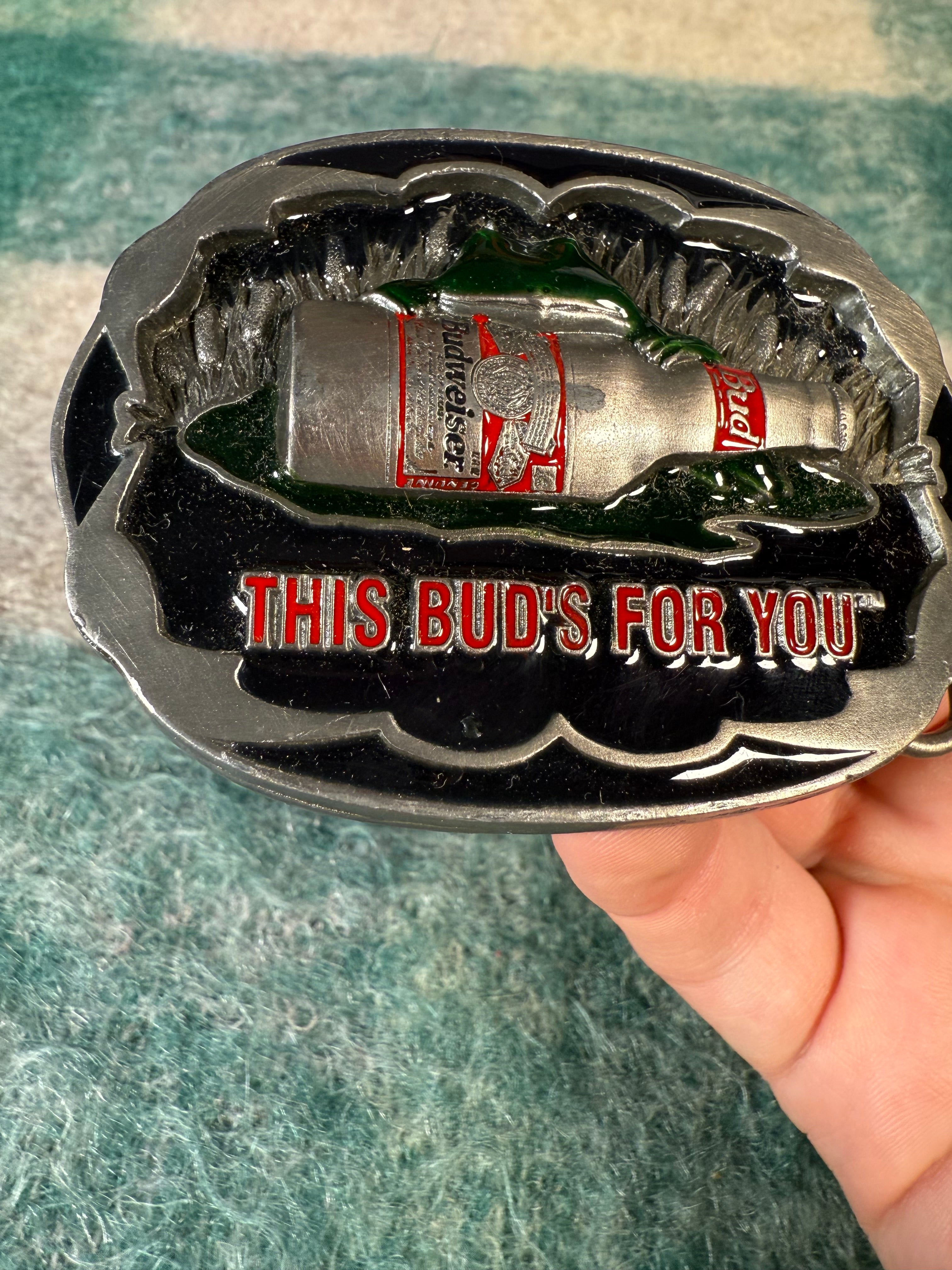 Vintage Budweiser Frog “This Buds For You” Belt Buckle