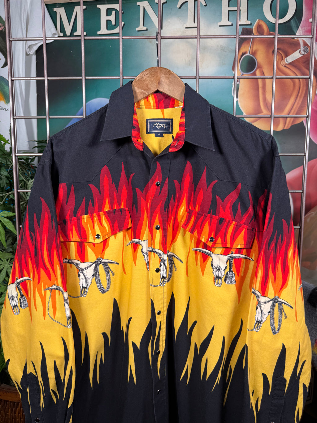 Vintage Roper Flaming Longhorn Skull Western Shirt (L)
