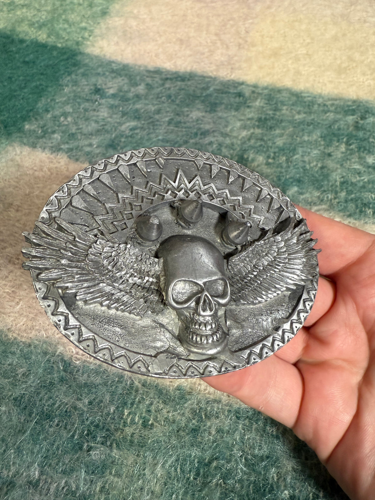 Vintage Winged Skull Spike Belt Buckle