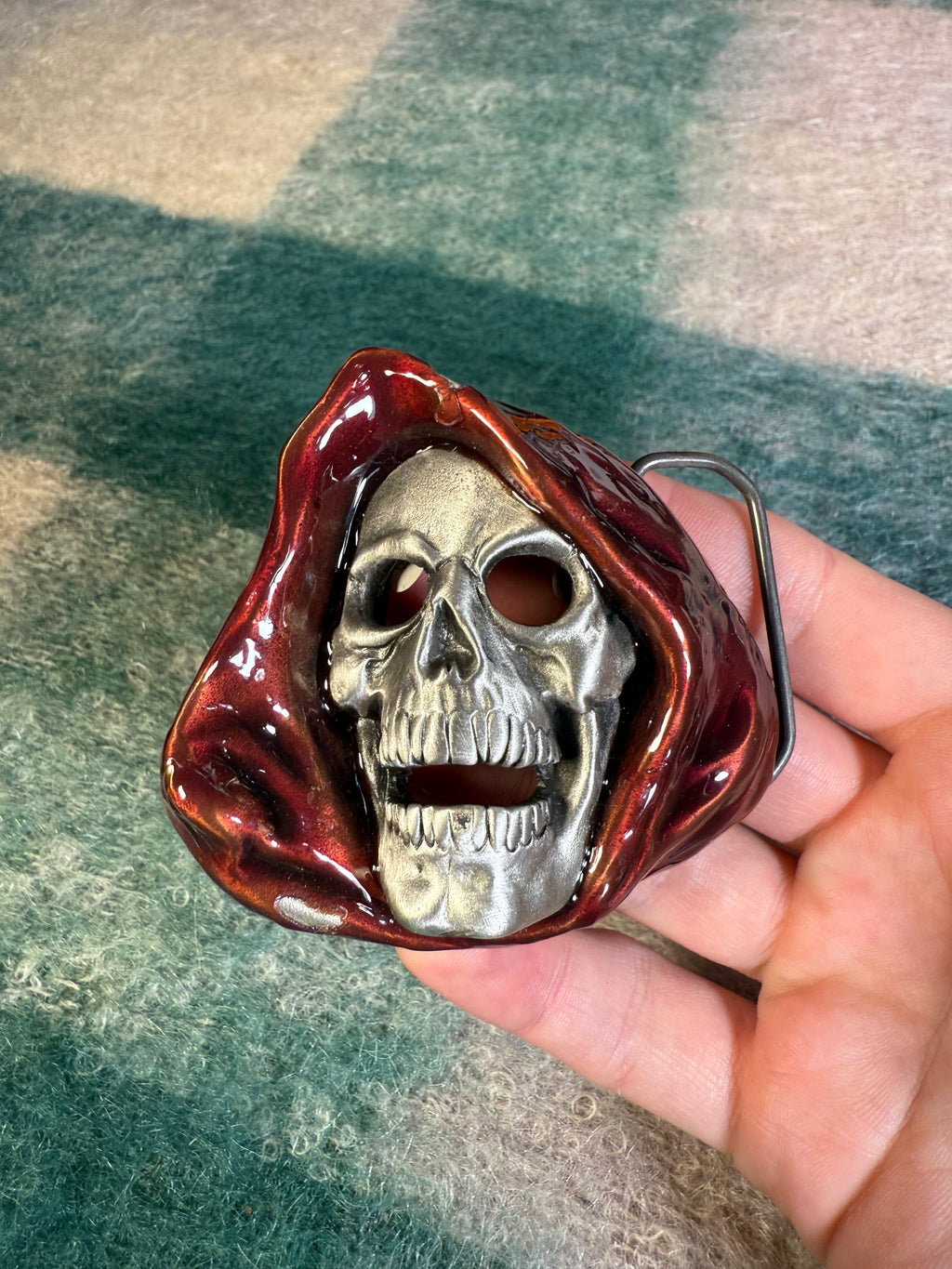 Vintage Grim Reaper With Maroon Hood Belt Buckle